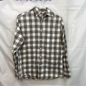 Merona men's light brown white checkered plaid button‎ down front casual shirt S